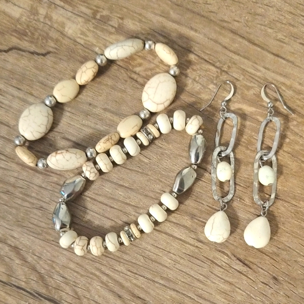 Cream Cracked Stones and 925 Silver Jewelry Set Of Bracelets & Dangle Earrings